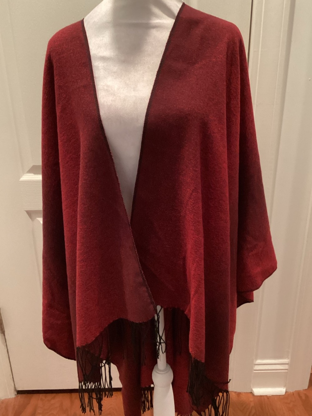 Open-Front Burgundy Fringe Sweater Wrap Shawl